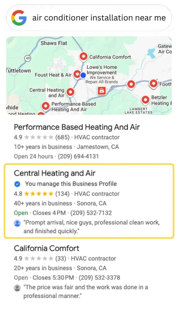 Google search results highlighting Central Heating and Air
