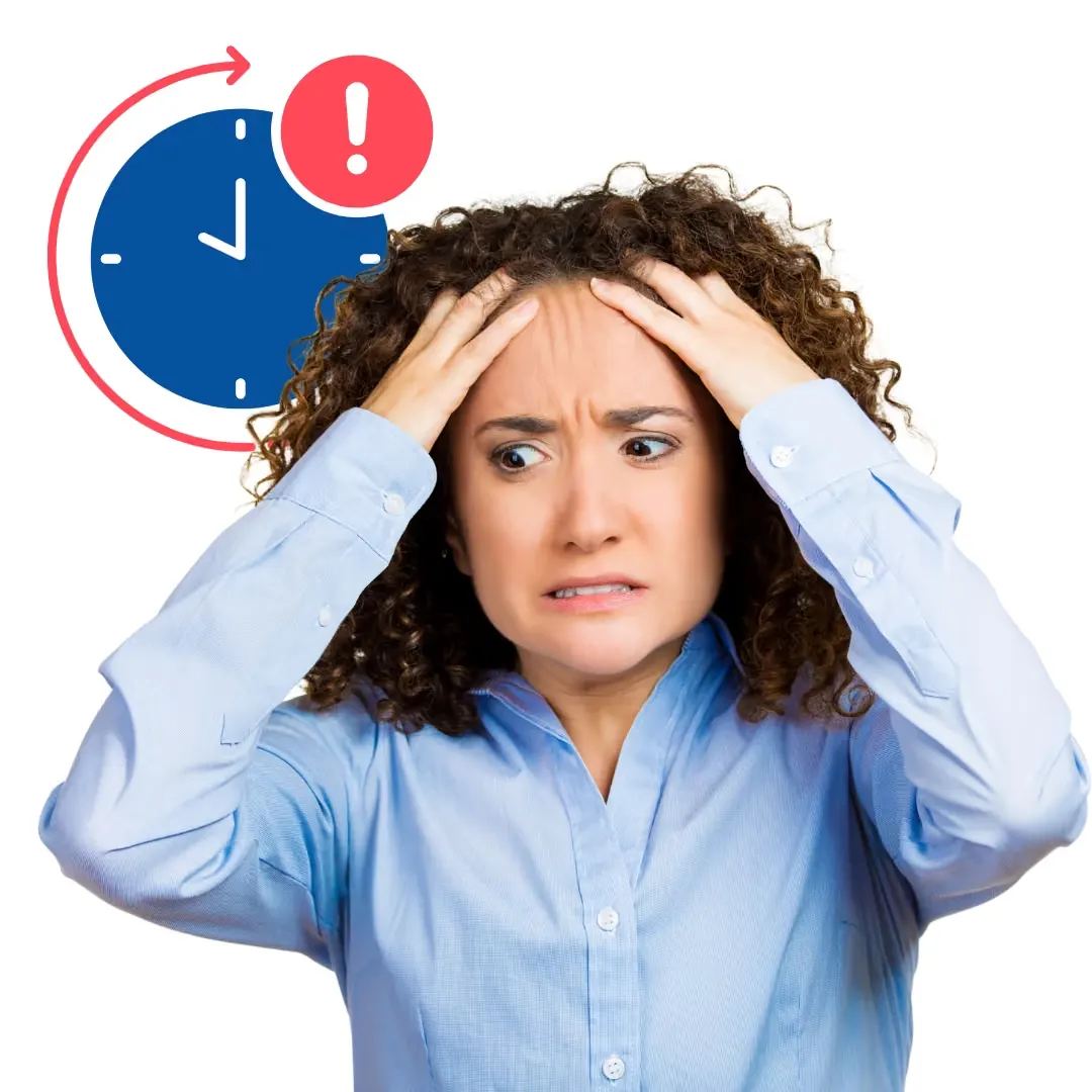 A business owner holding her head as a clock runs down beside her