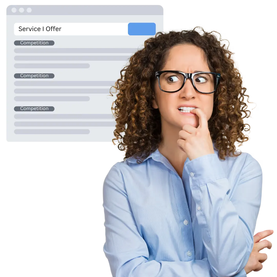 A business owner looking worried as competitors fill the search results behind her