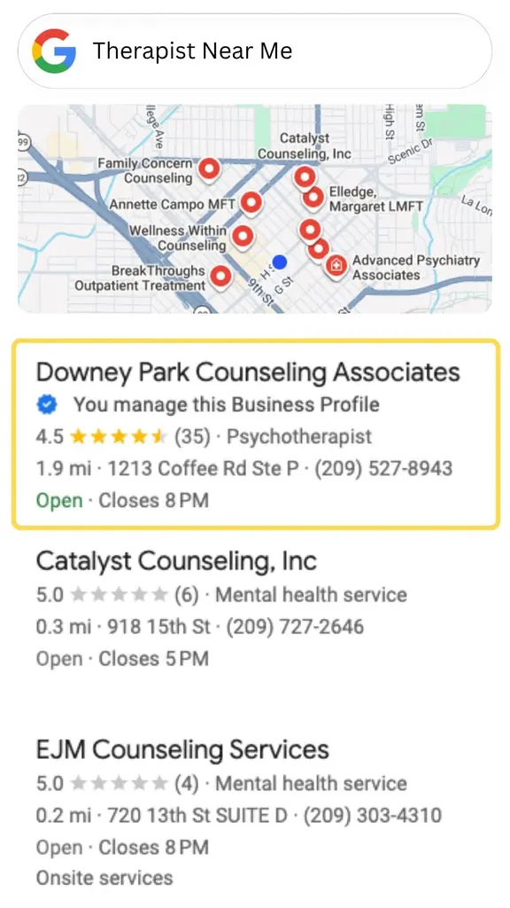 Google search results highlighting Downey Park Counseling Associates