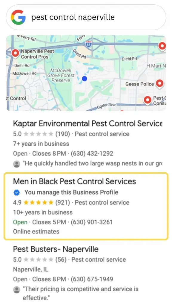 Google search results highlighting Men in Black Pest Control