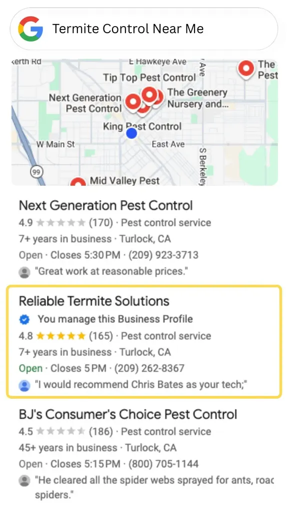 Google search results highlighting Reliable Termite Solutions