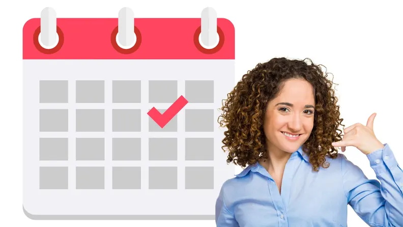 A marketing consultant beside a calendar with a booked date