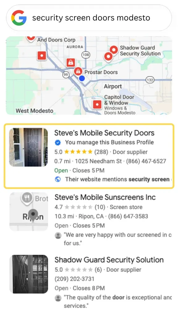 Google search results highlighting Steve’s Mobile Security Doors