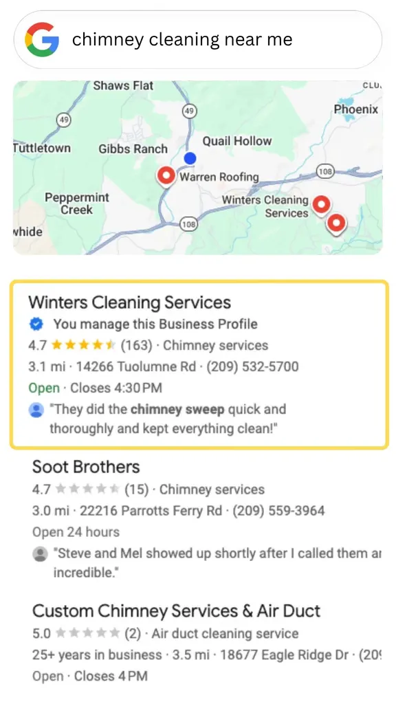 Google search results highlighting Winters Cleaning Services