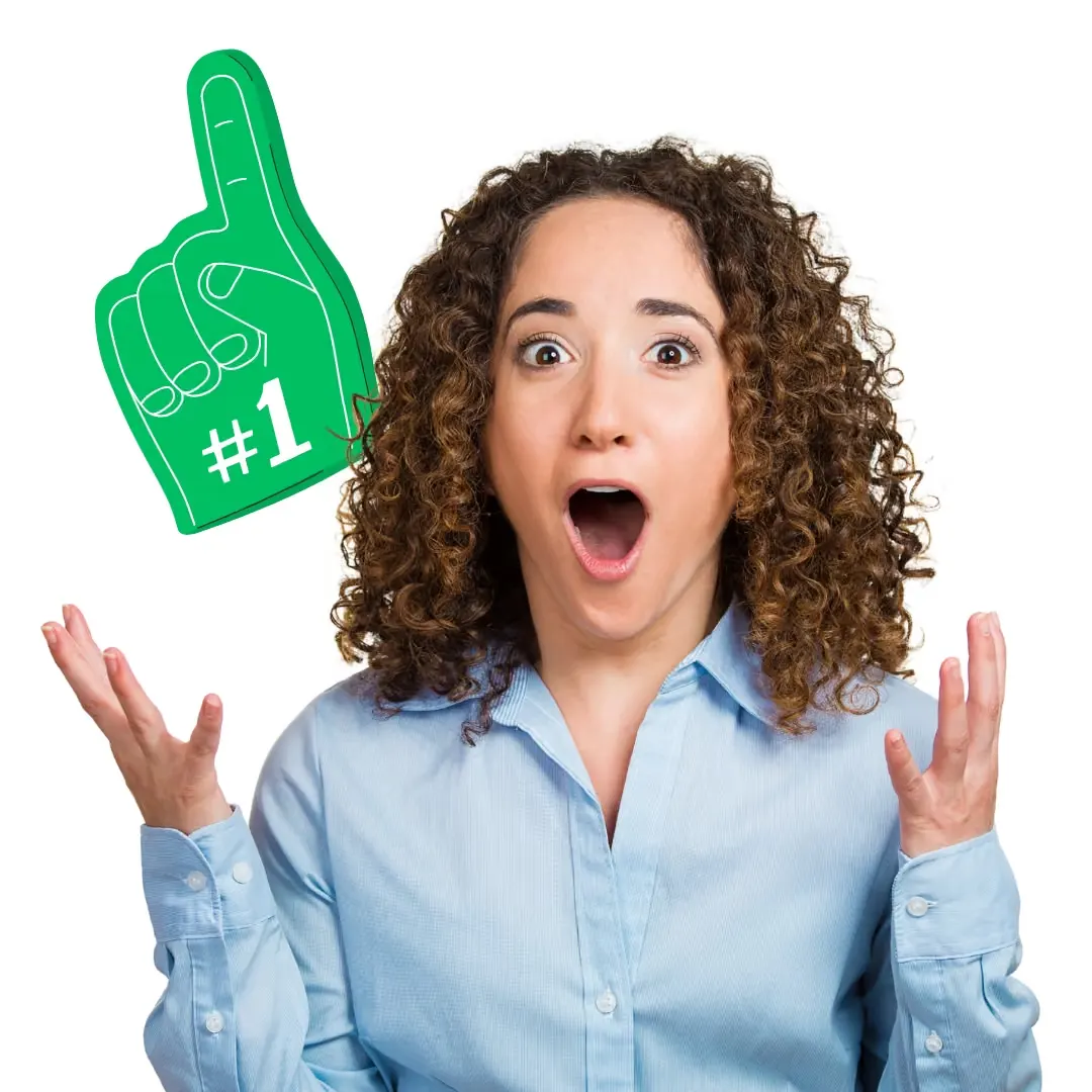 A business owner celebrating with a number one foam finger